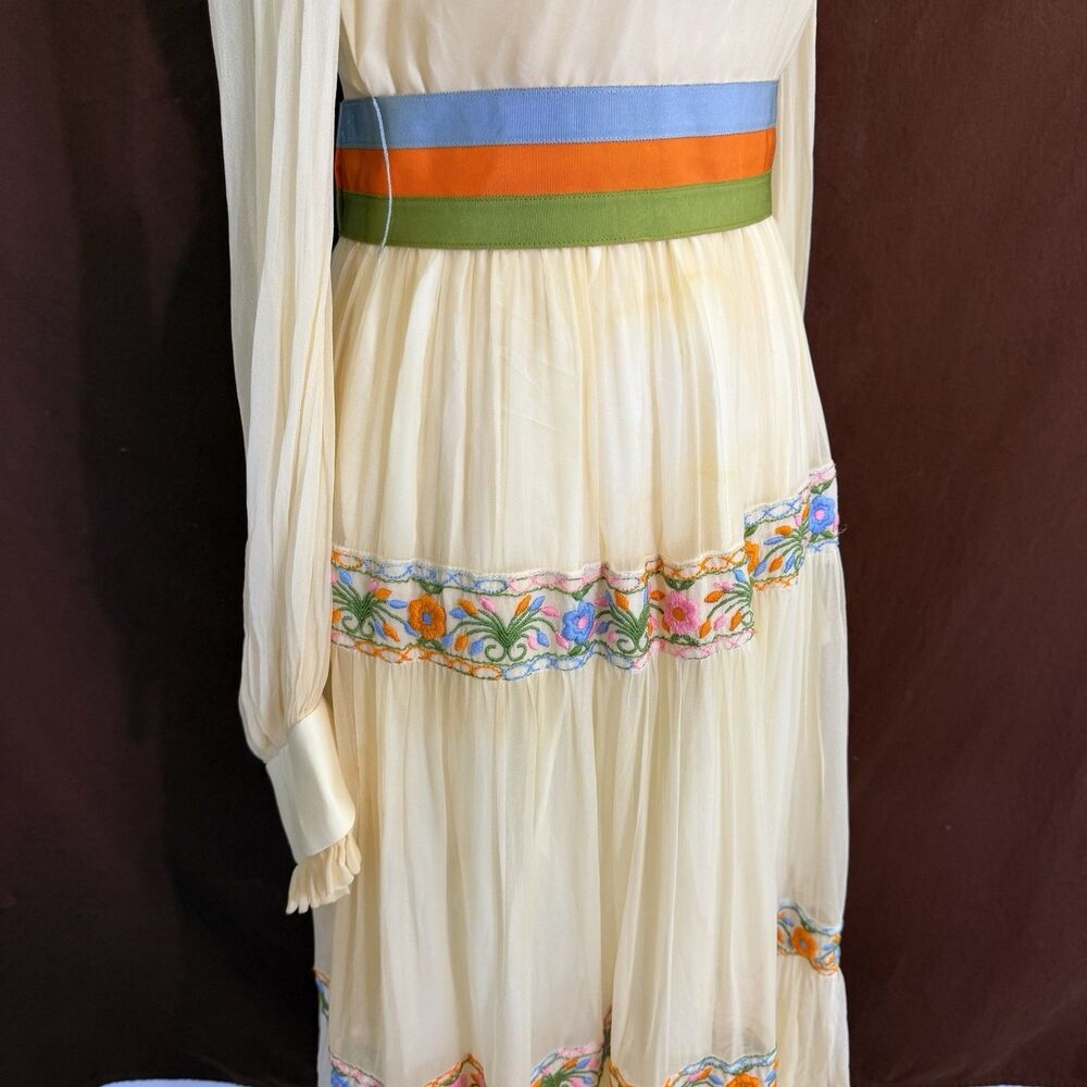 Vintage Prairie Maxi Dress S Embroidered Floral Sheer Sleeves Boho Cottagecore - Picture 5 of 13